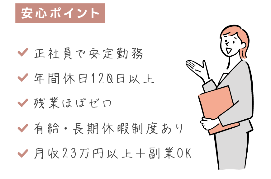 
安心ポイント

正社員で安定勤務
年間休日120日以上
残業ほぼゼロ
有給・長期休暇制度あり
月収23万円〜＋副業OK